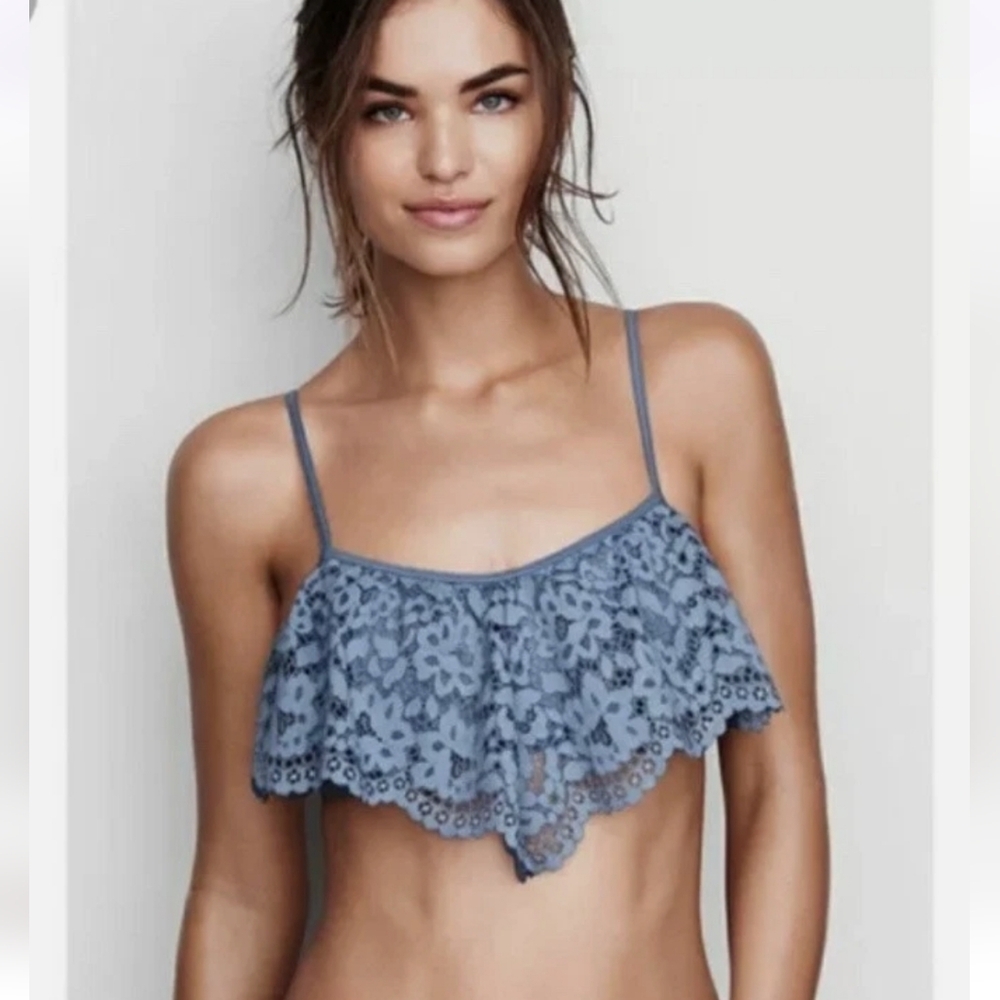 New Victoria's Secret Body By Victoria Dusty Blue Lace Ruffle Bandeau Brarlette